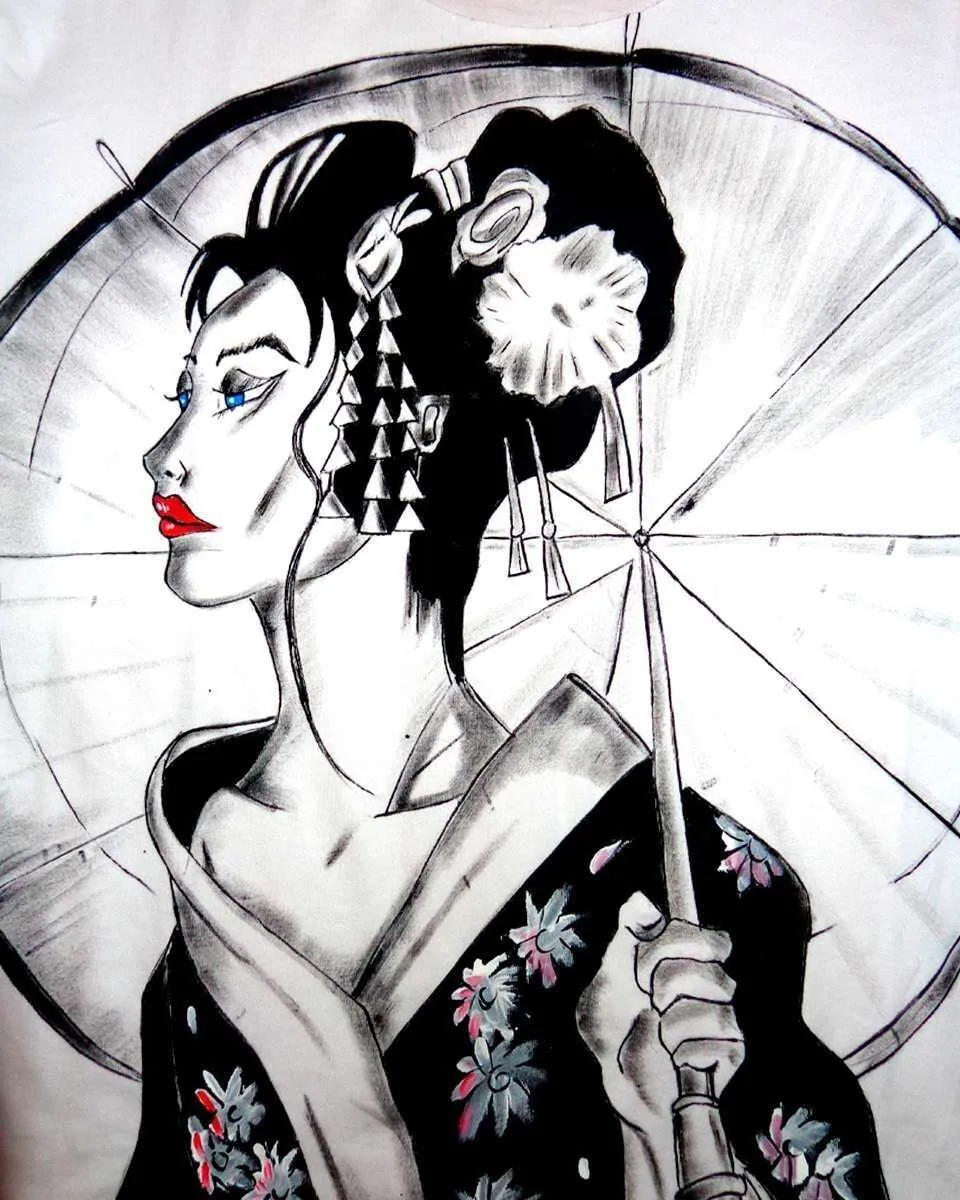 Never Say Never Geisha Ombrello t-shirt dipinta a mano