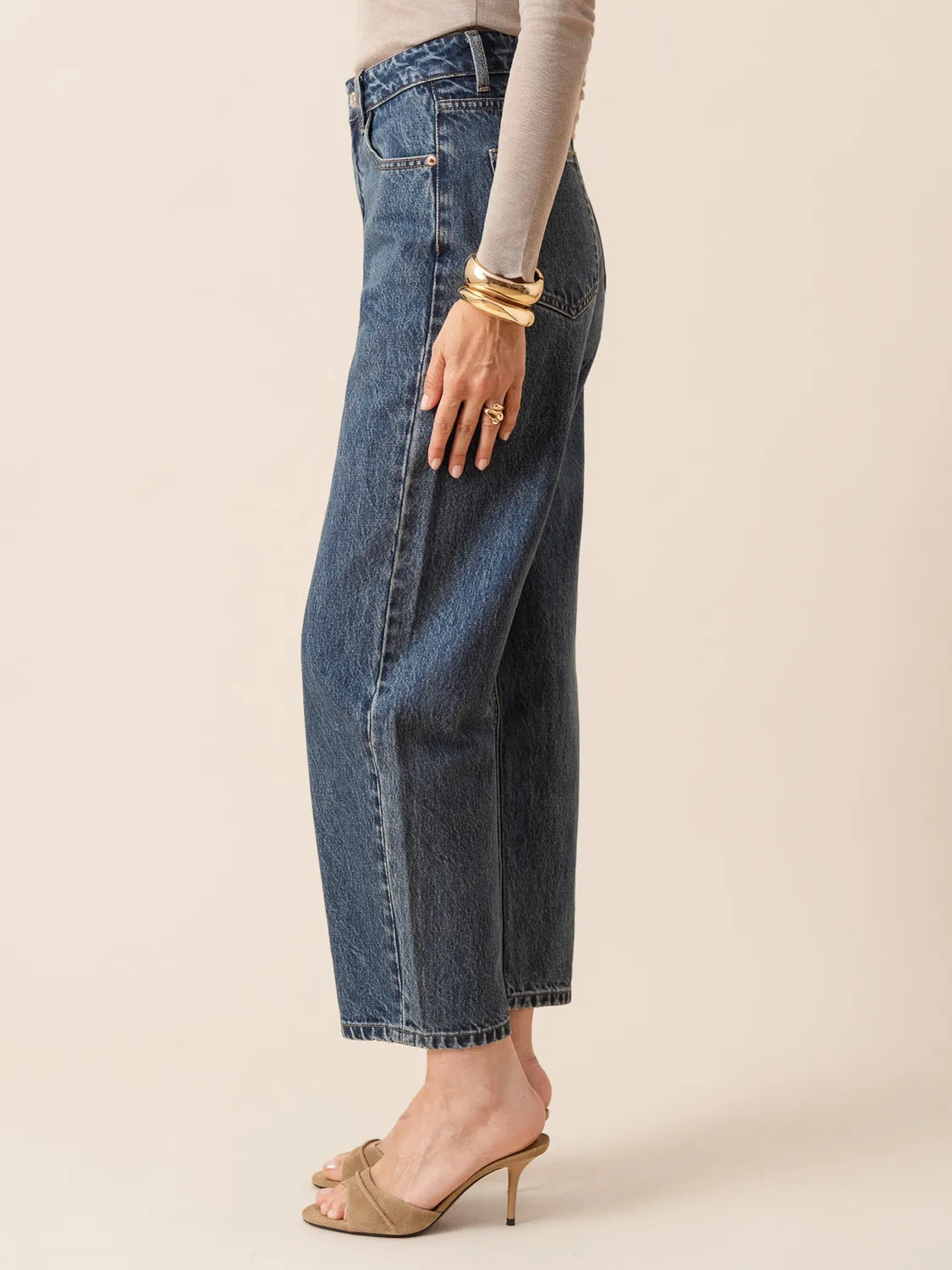 Oraije Tumi jeans barrel blu stone vita regolabile