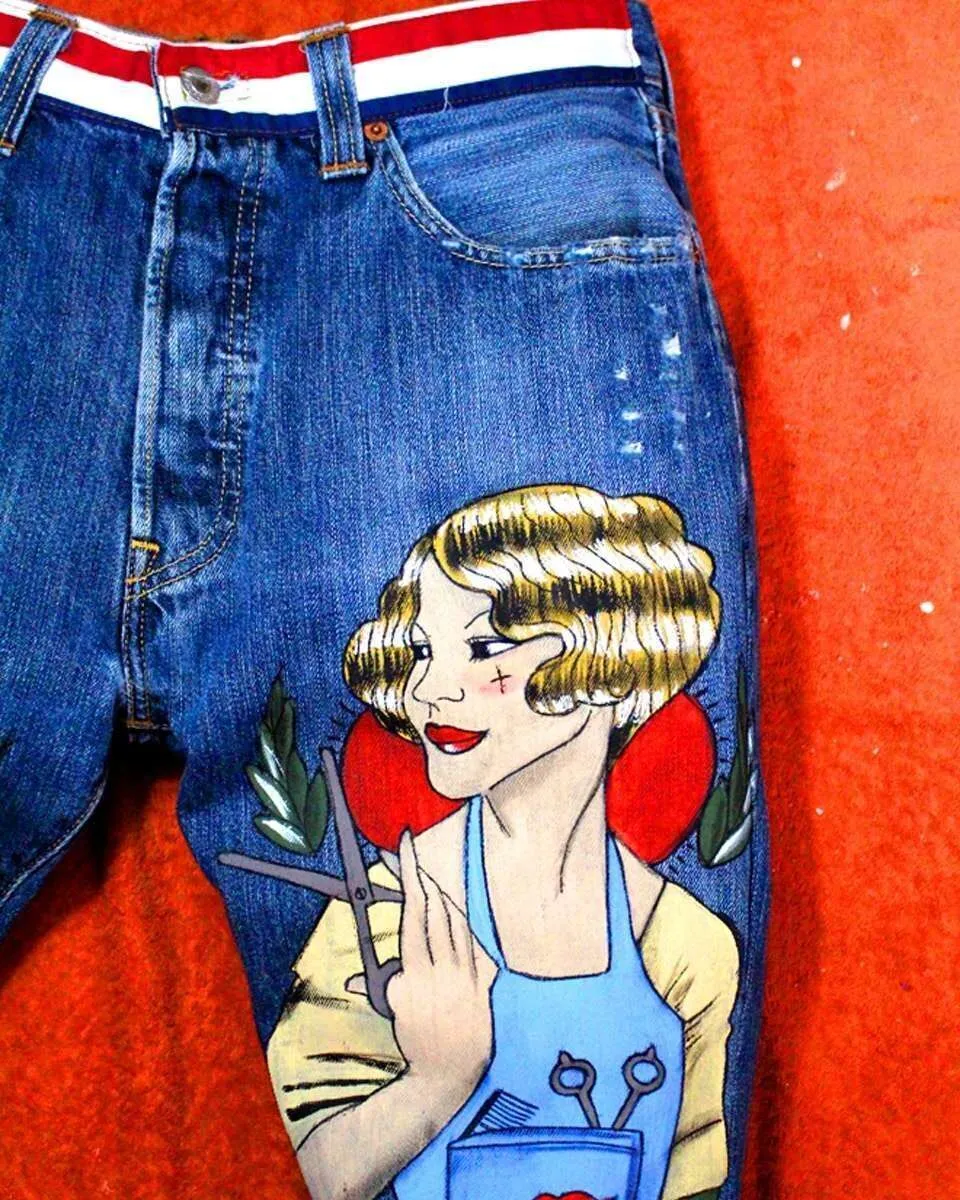 Levi's Vintage Barber Man and Woman jeans dipinti mano