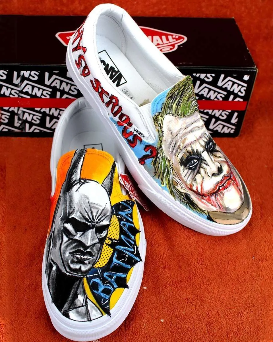 Never Say Never Slip-On Joker Batman vans dipinte a mano viola