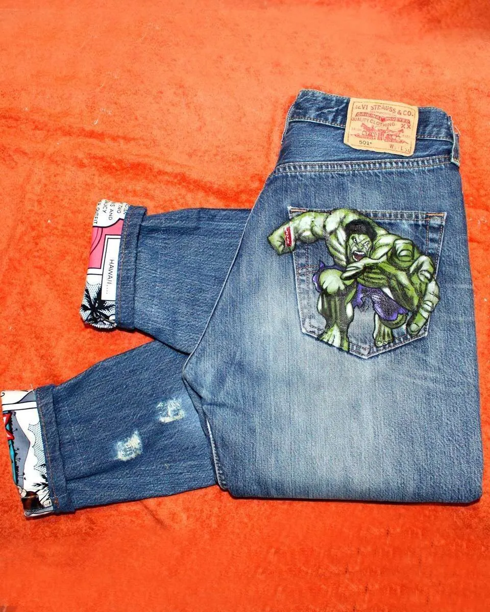 Never Say Never Hulk Fumetto jeans dipinti a mano vintage