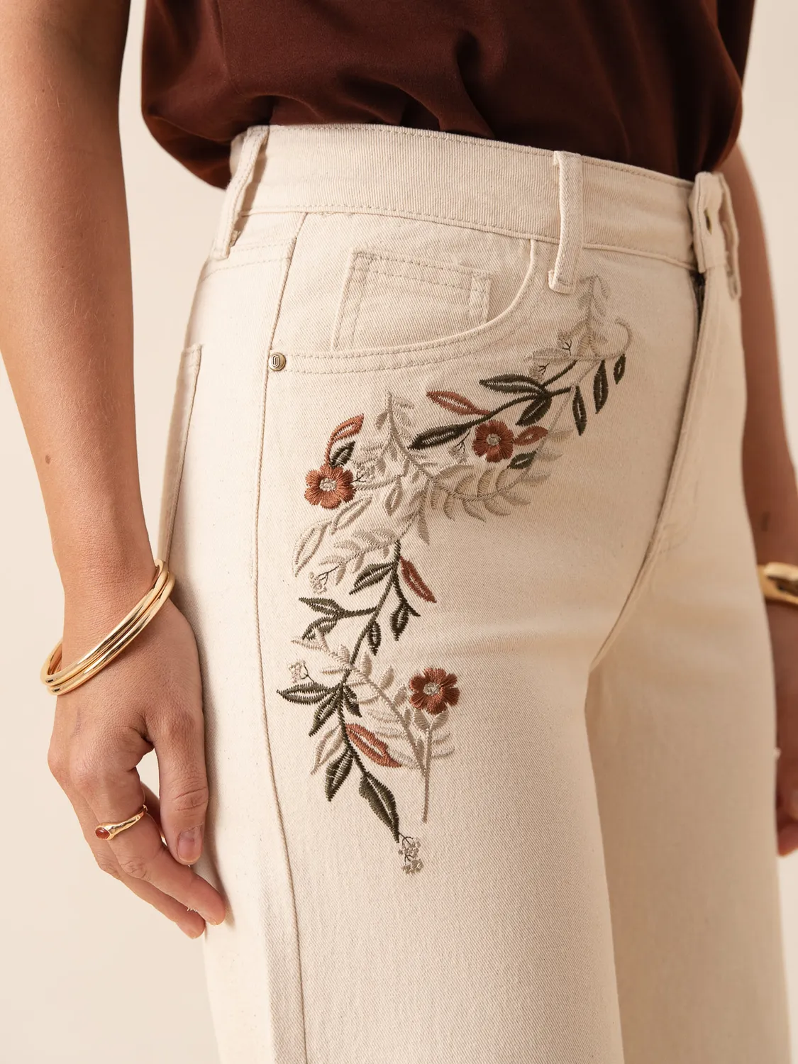 Oraije Boho jeans wide beige ricamo