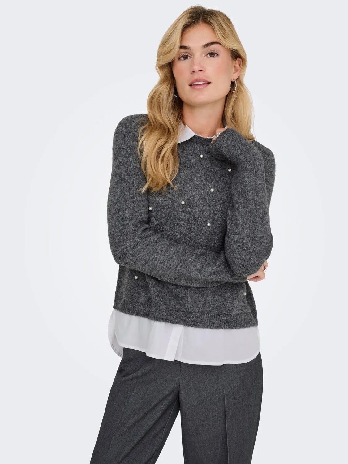 ONLY Onldolly Maglia Perle manica lunga grigio