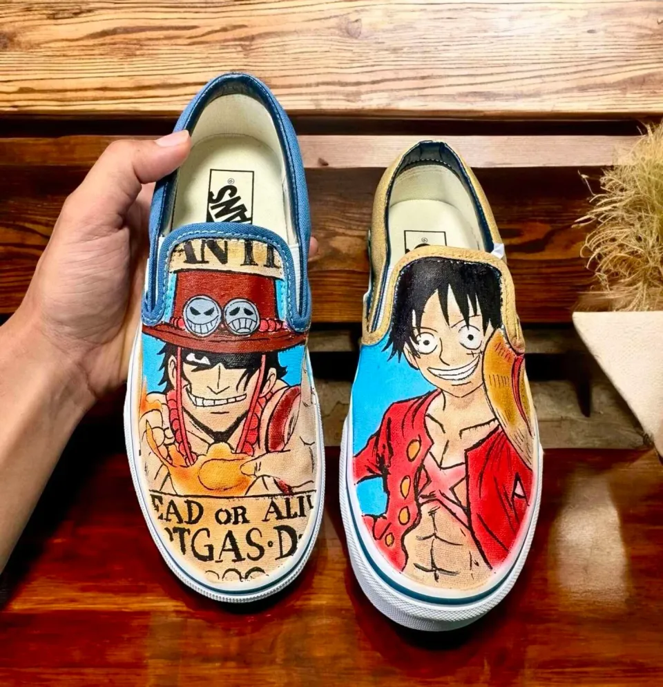 Never Say Never Vans Slip-On Luffy Ace scarpe nere dipinte a mano