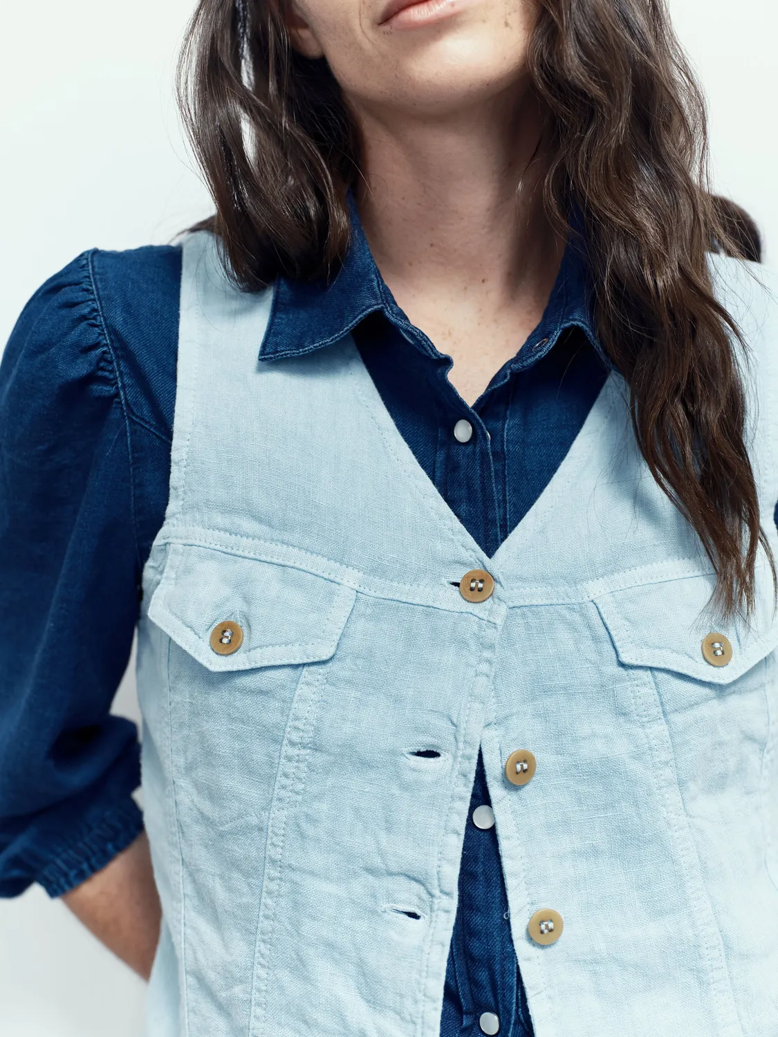Acquaverde Trucker gilet lino Sky Blue leggero