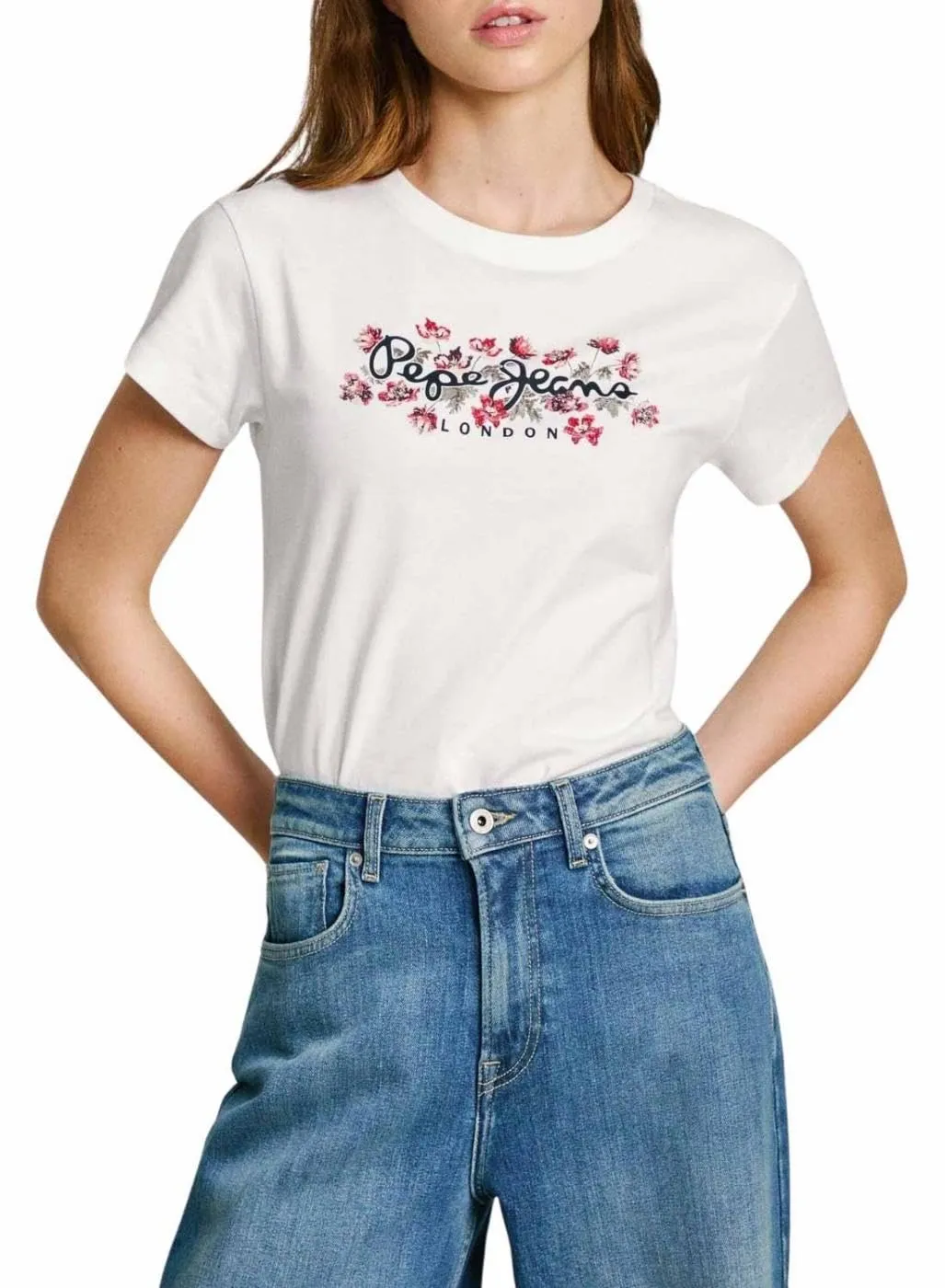 Pepe Jeans Ginny T-Shirt Donna Bianca cotone logo floreale