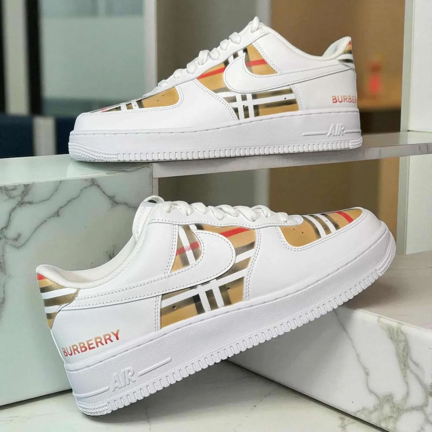 Never Say Never Air Force 1 Burberry Swoosh Bianco Sneakers Custom