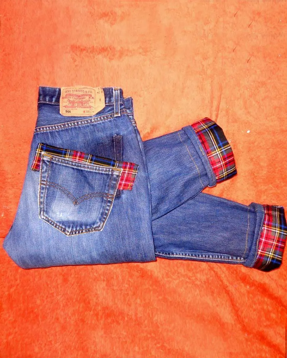 Never Say Never Levi's Vintage Scozzese jeans tasche remake
