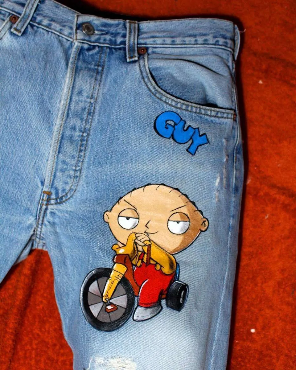 Never Say Never Griffin Family Guy jeans vintage dipinti a mano