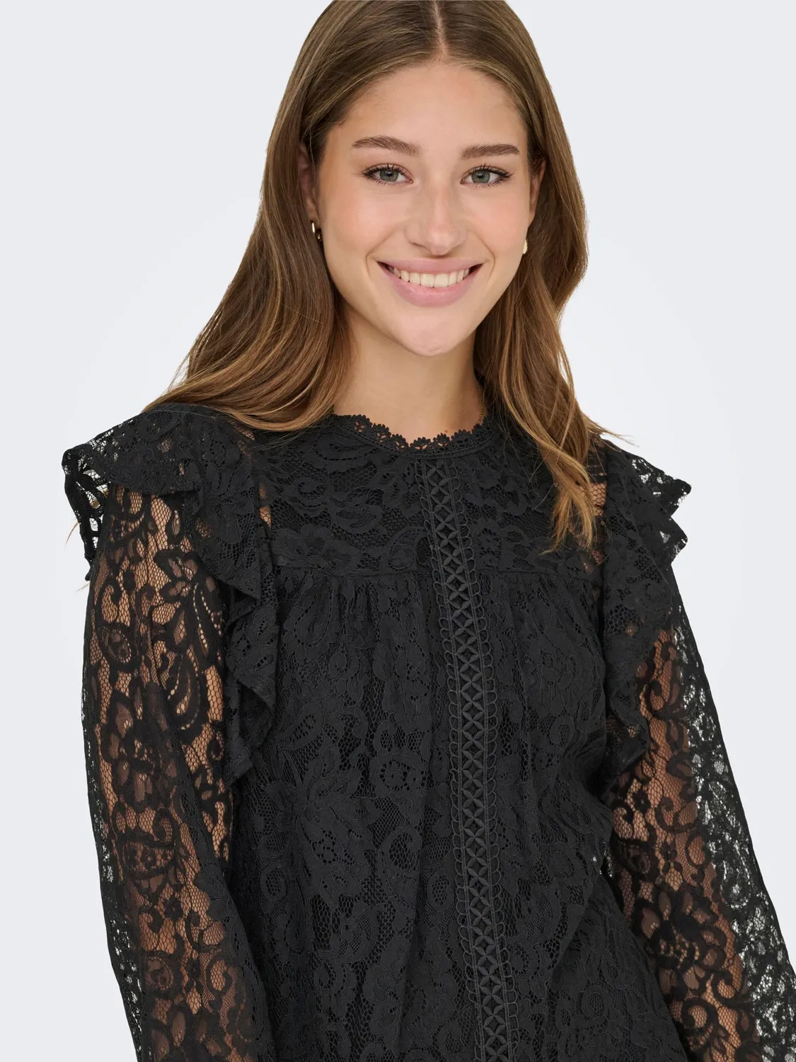 ONLY Onlnew Karo LS Lace Ruffle Top Wvn S Nero