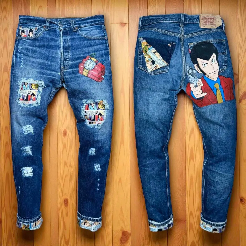 Levi's Vintage Lupin TNT jeans dipinti mano tessuto fumetti