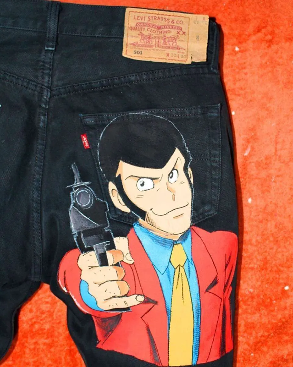 Never Say Never Levi's Vintage Lupin jeans dipinti neri fumetti