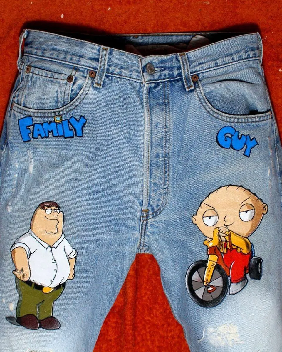 Never Say Never Griffin Family Guy jeans vintage dipinti a mano