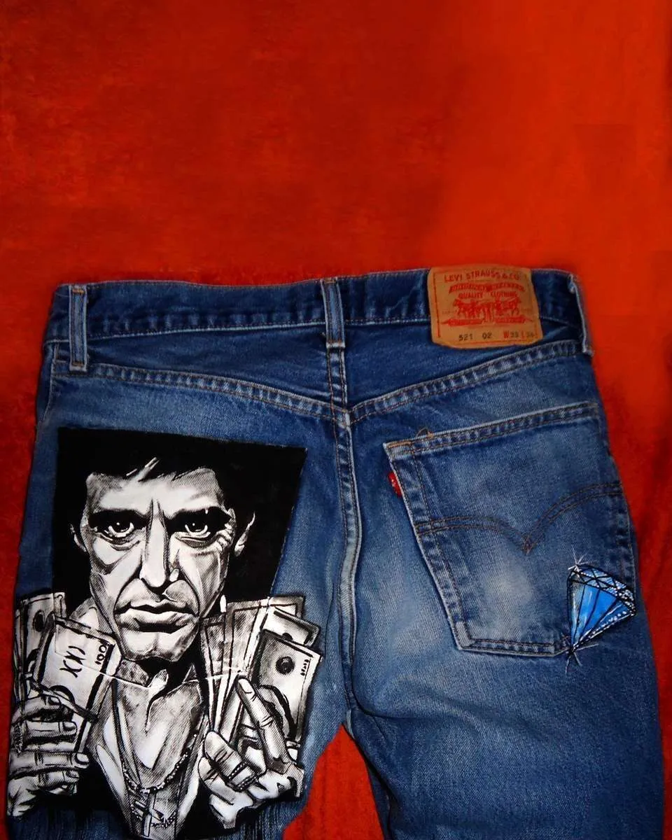 Never Say Never Scarface Tony Montana jeans dipinti a mano