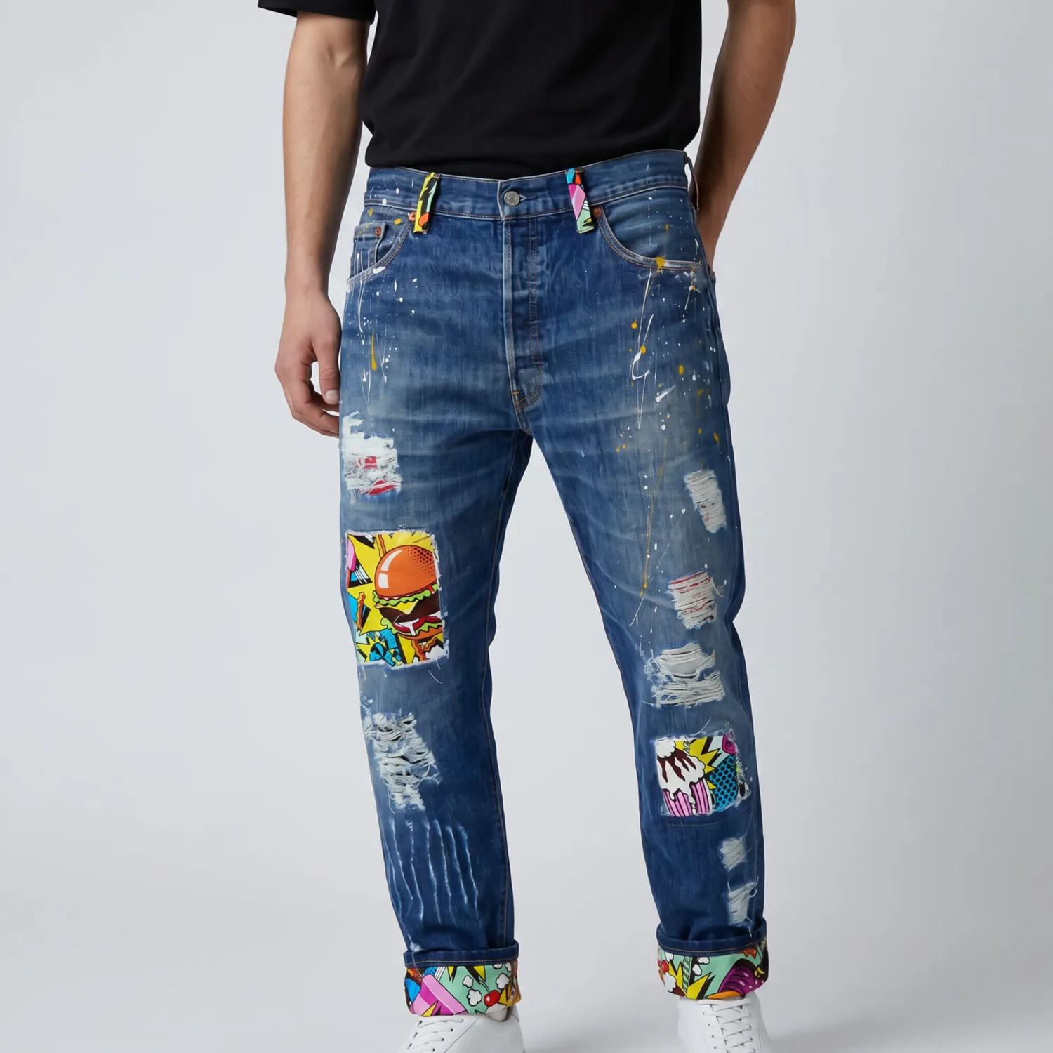 Never Say Never Pop Art Food jeans vintage tessuto personalizzato