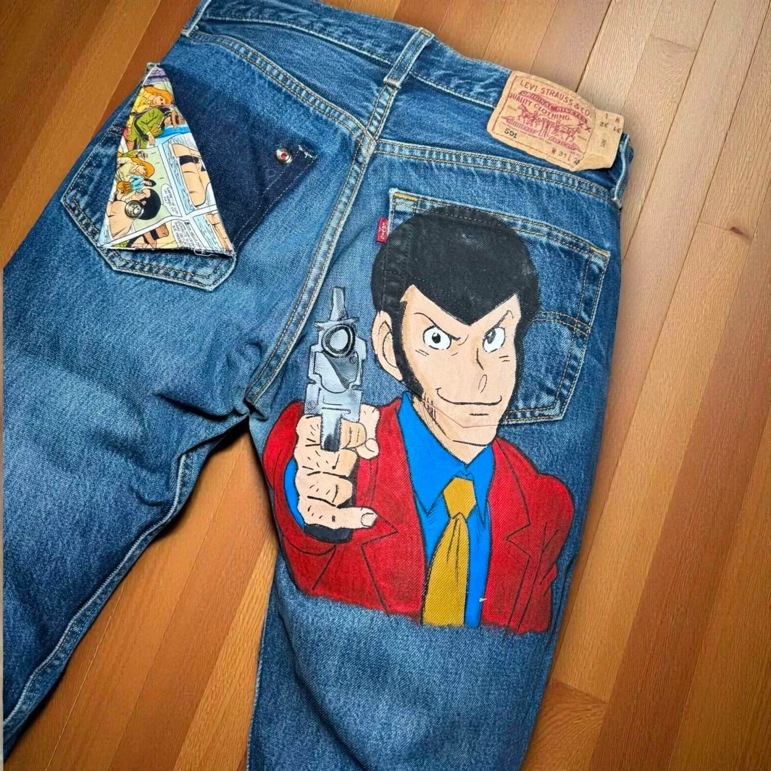 Levi's Vintage Lupin TNT jeans dipinti mano tessuto fumetti