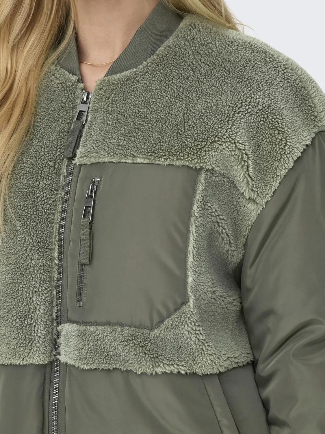 ONLY Onlemmy giacca teddy M verde collo tondo zip
