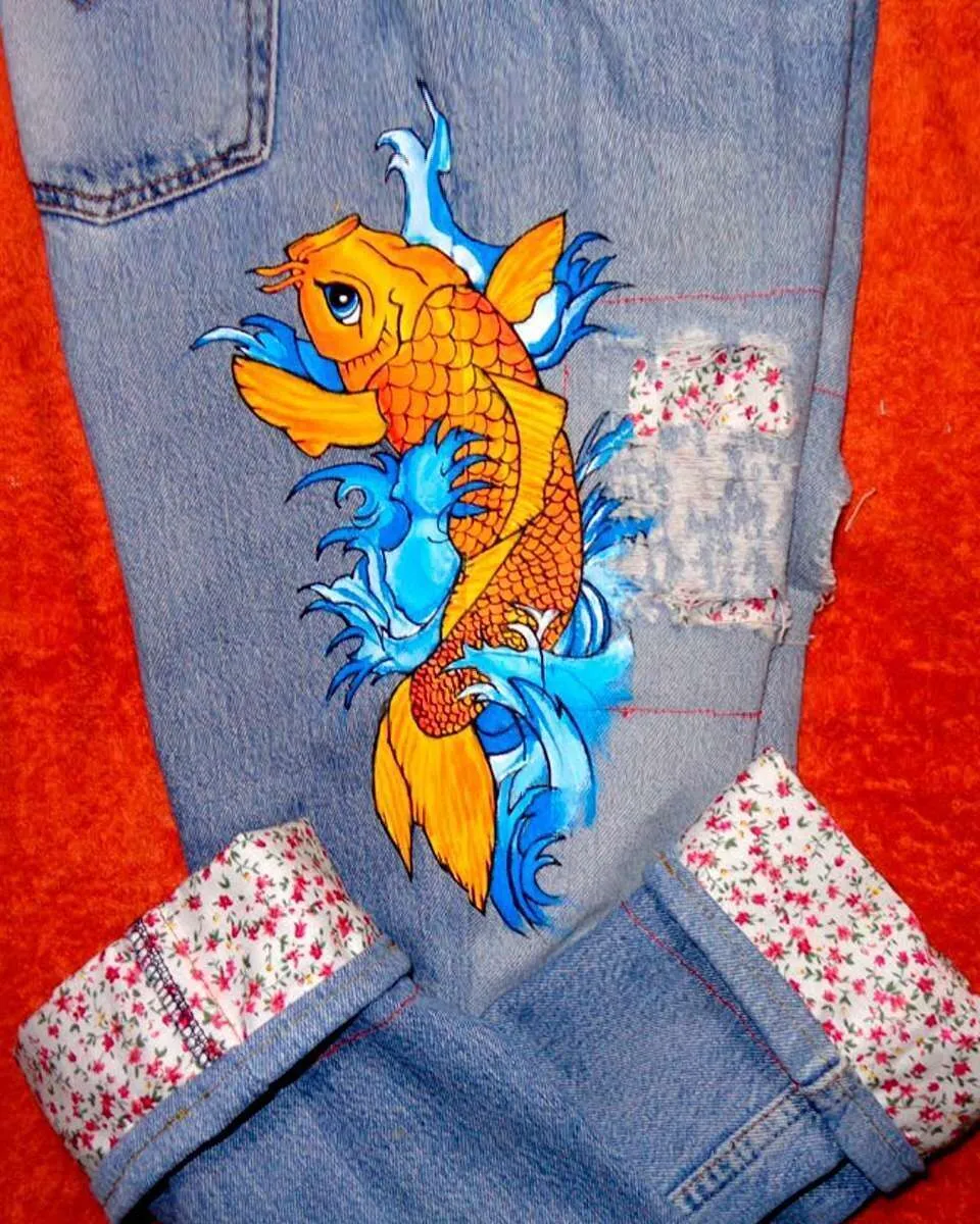Never Say Never Levi's Vintage Carpa Koi jeans dipinti su misura