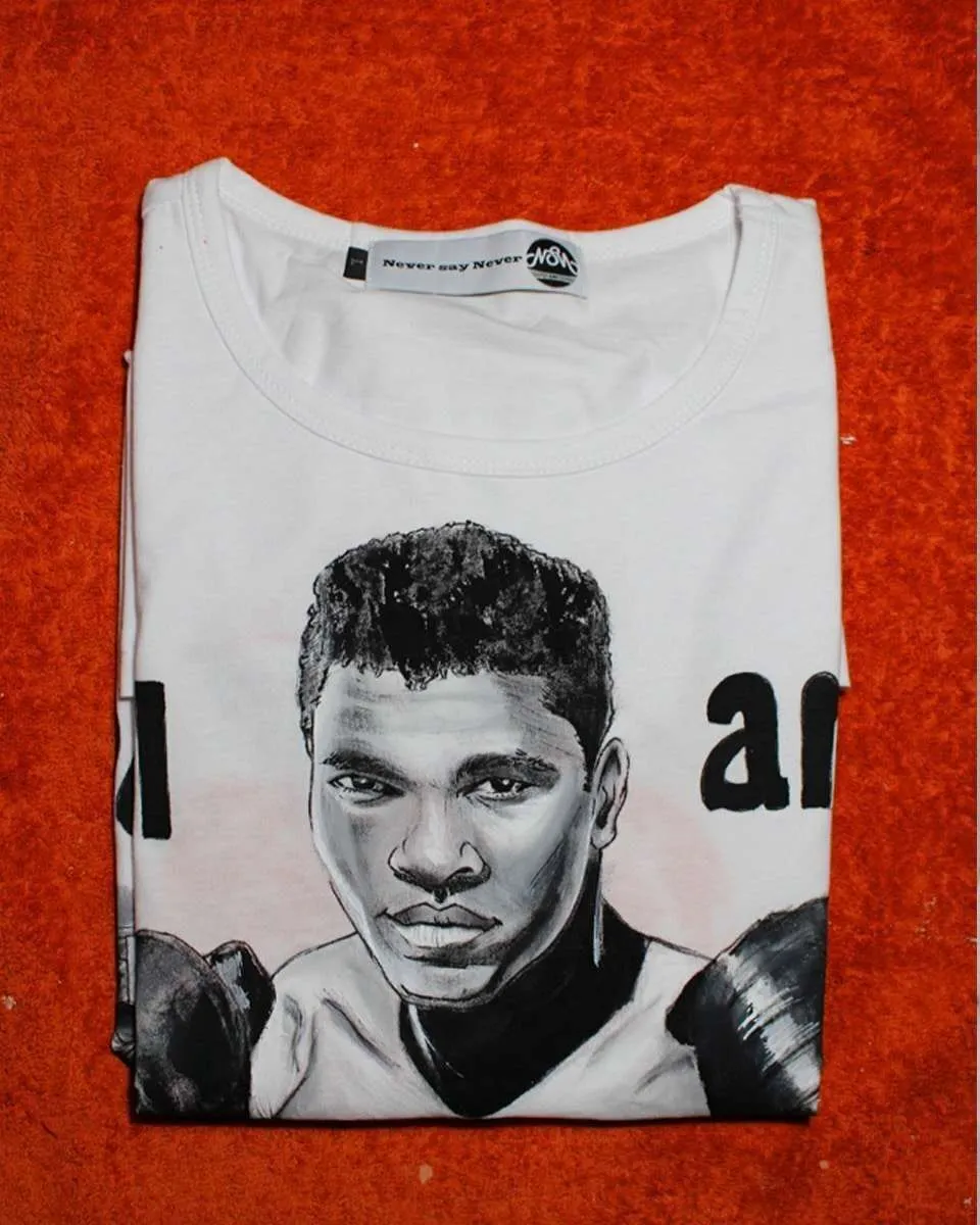 Never Say Never Muhammad Ali T-Shirt Dipinta a Mano Boxe