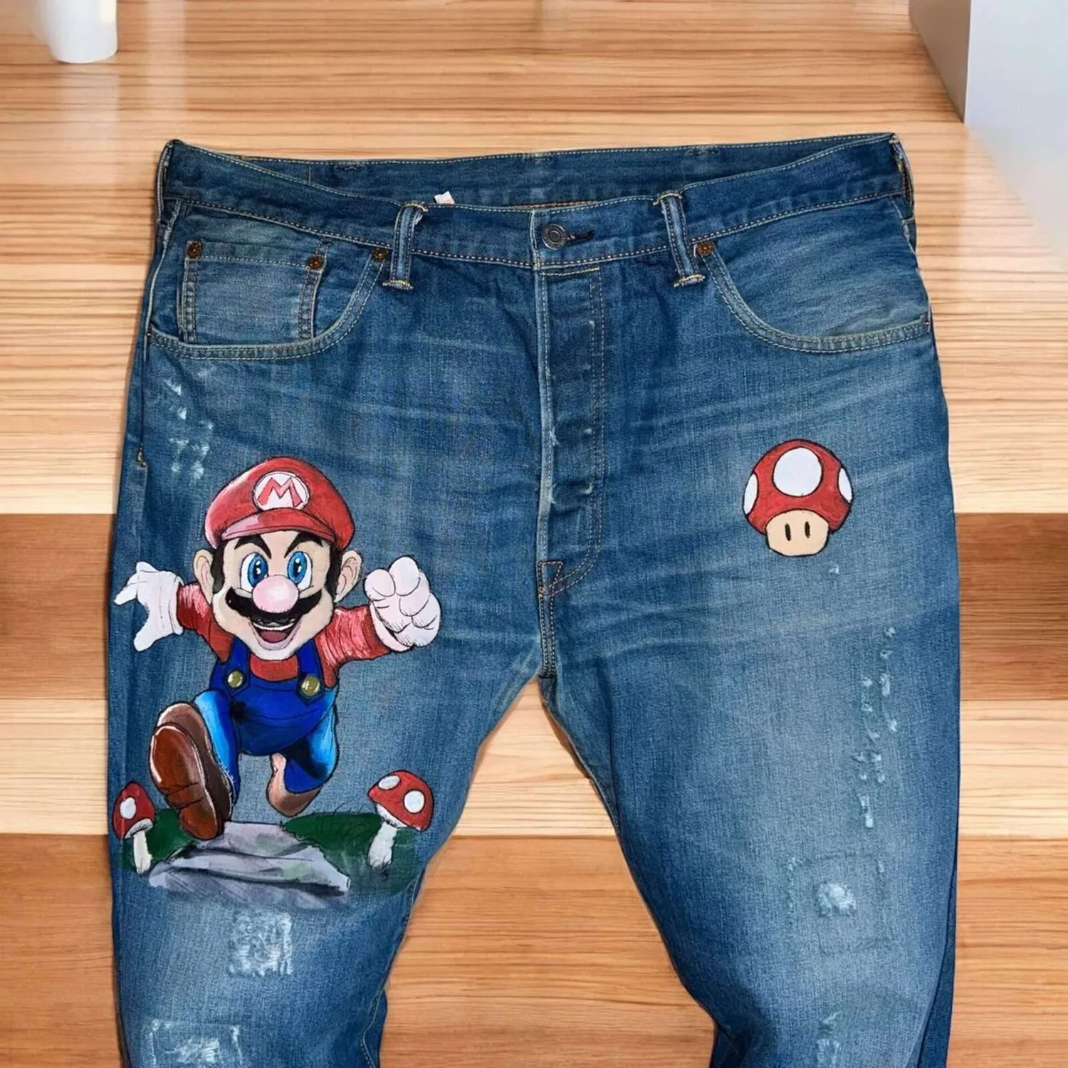 Never Say Never Levi's Vintage Super Mario Bros Jeans Dipinti Mano