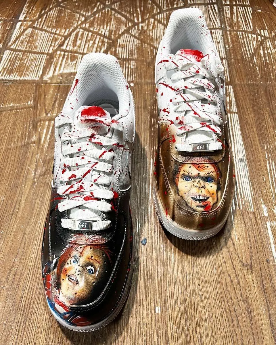 Never Say Never Nike Air Force 1 Chucky sneakers horror dipinte