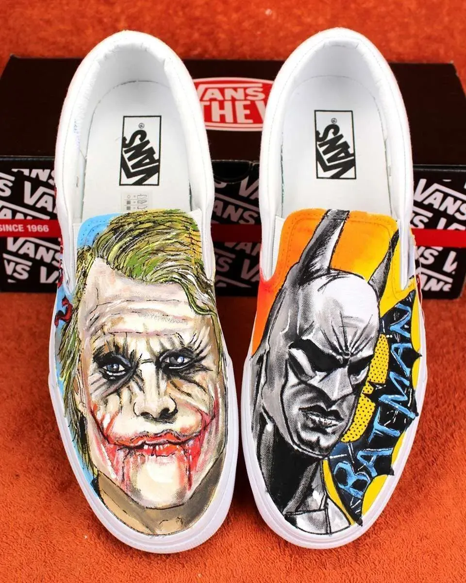 Never Say Never Slip-On Joker Batman vans dipinte a mano viola