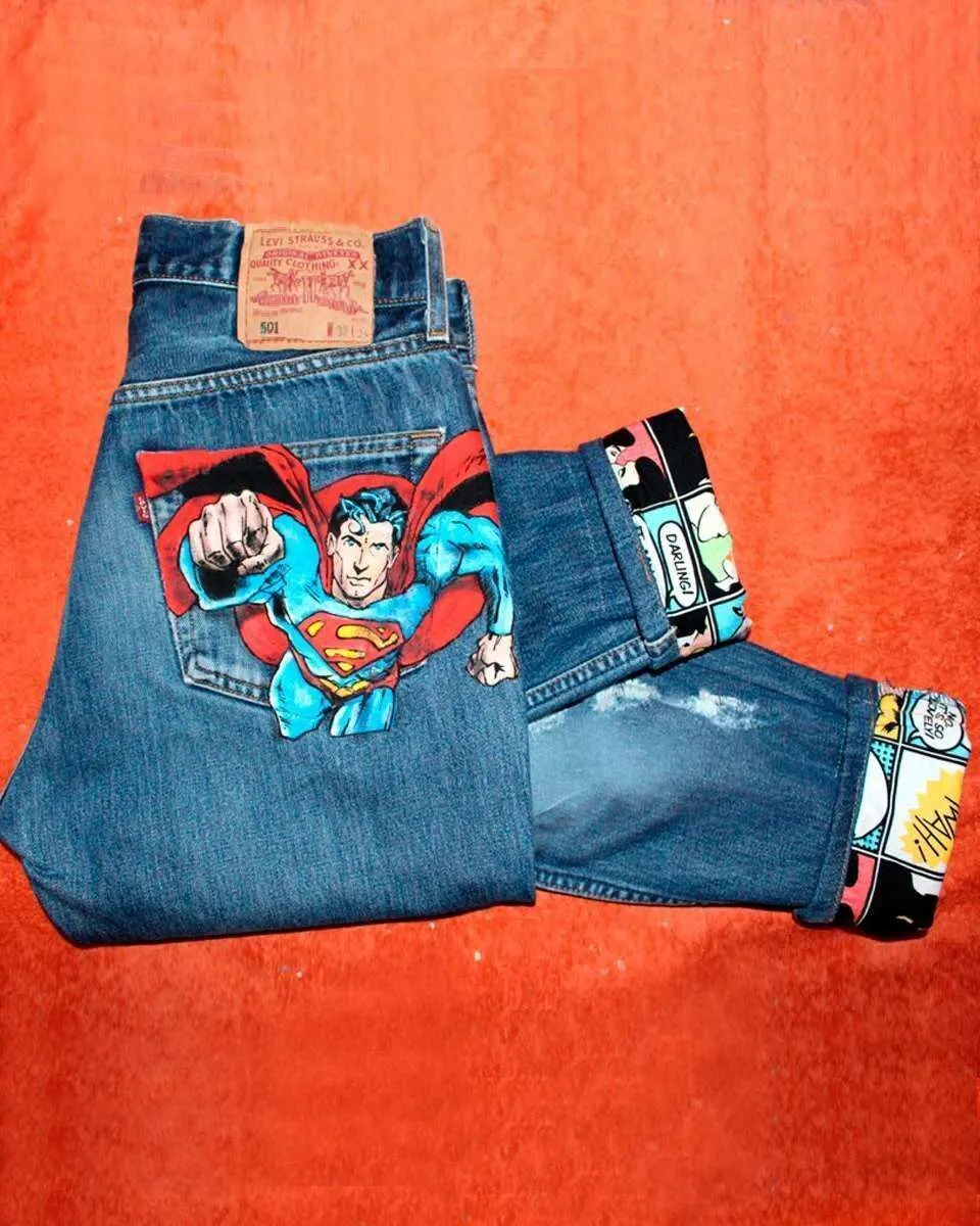 Never Say Never Superman jeans dipinti tessuto fumetto