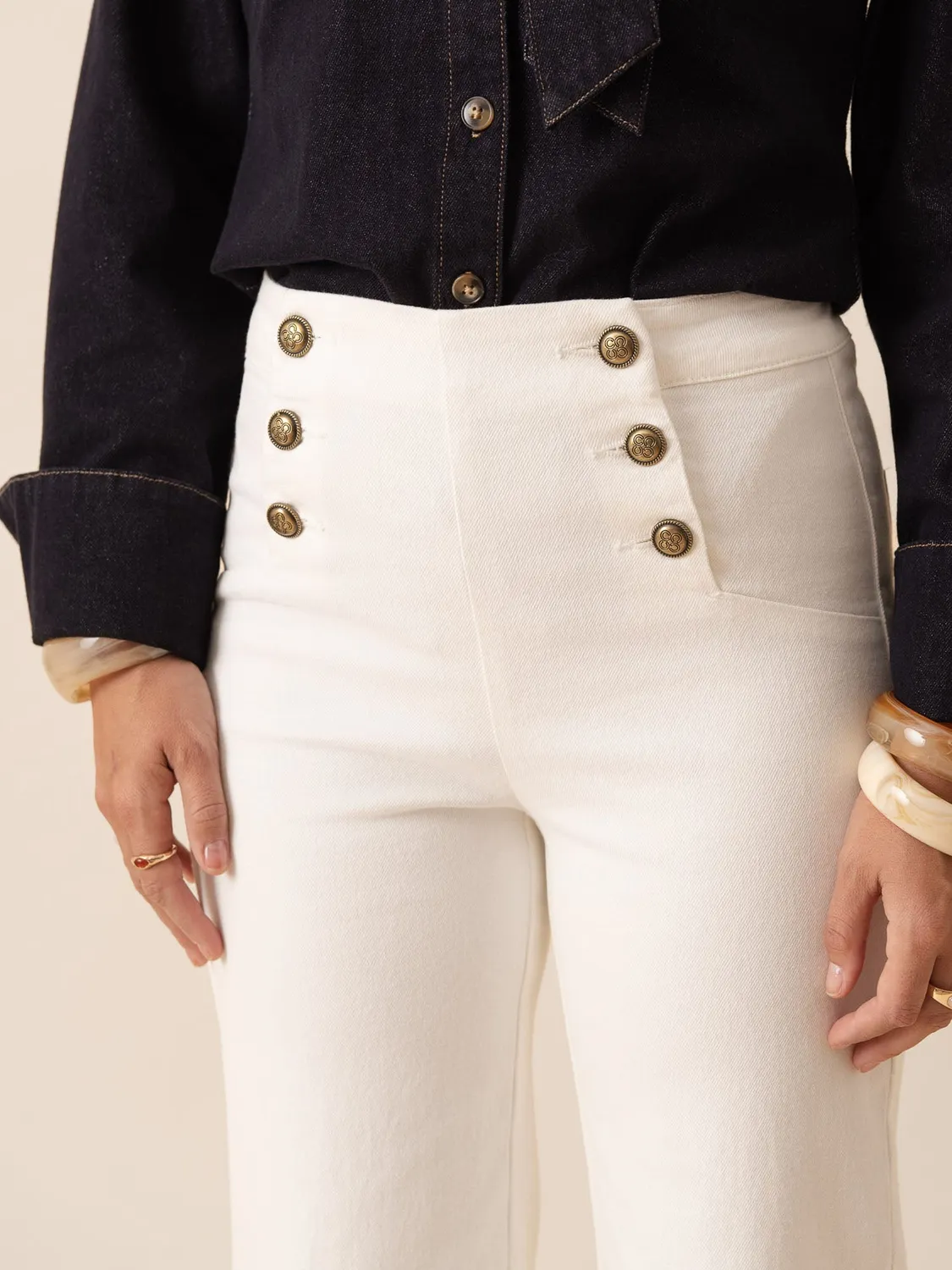 Oraije Victorine jeans wide bianchi bottoni a ponte