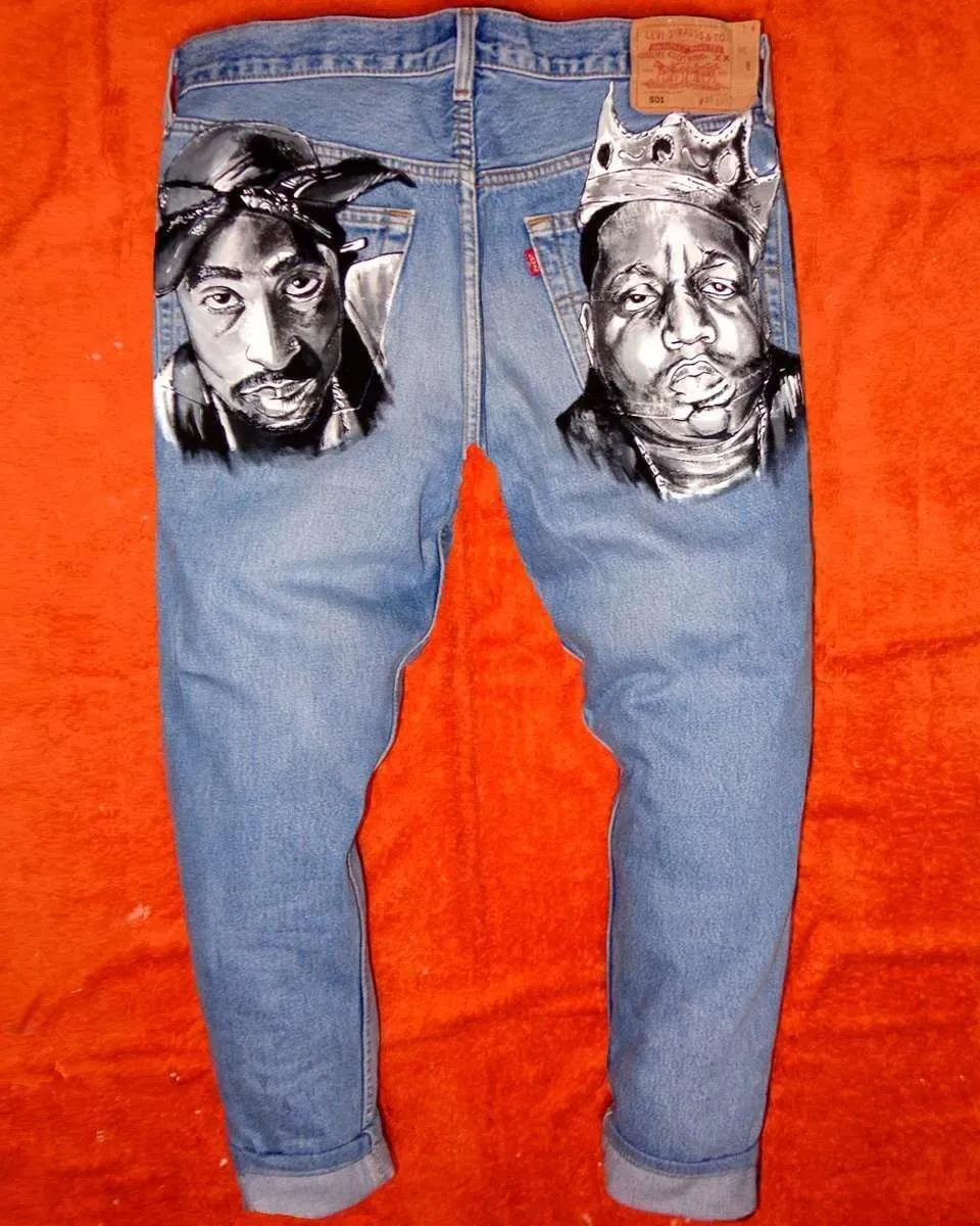 Never Say Never Tupac Notorious BIG jeans Levis vintage dipinti
