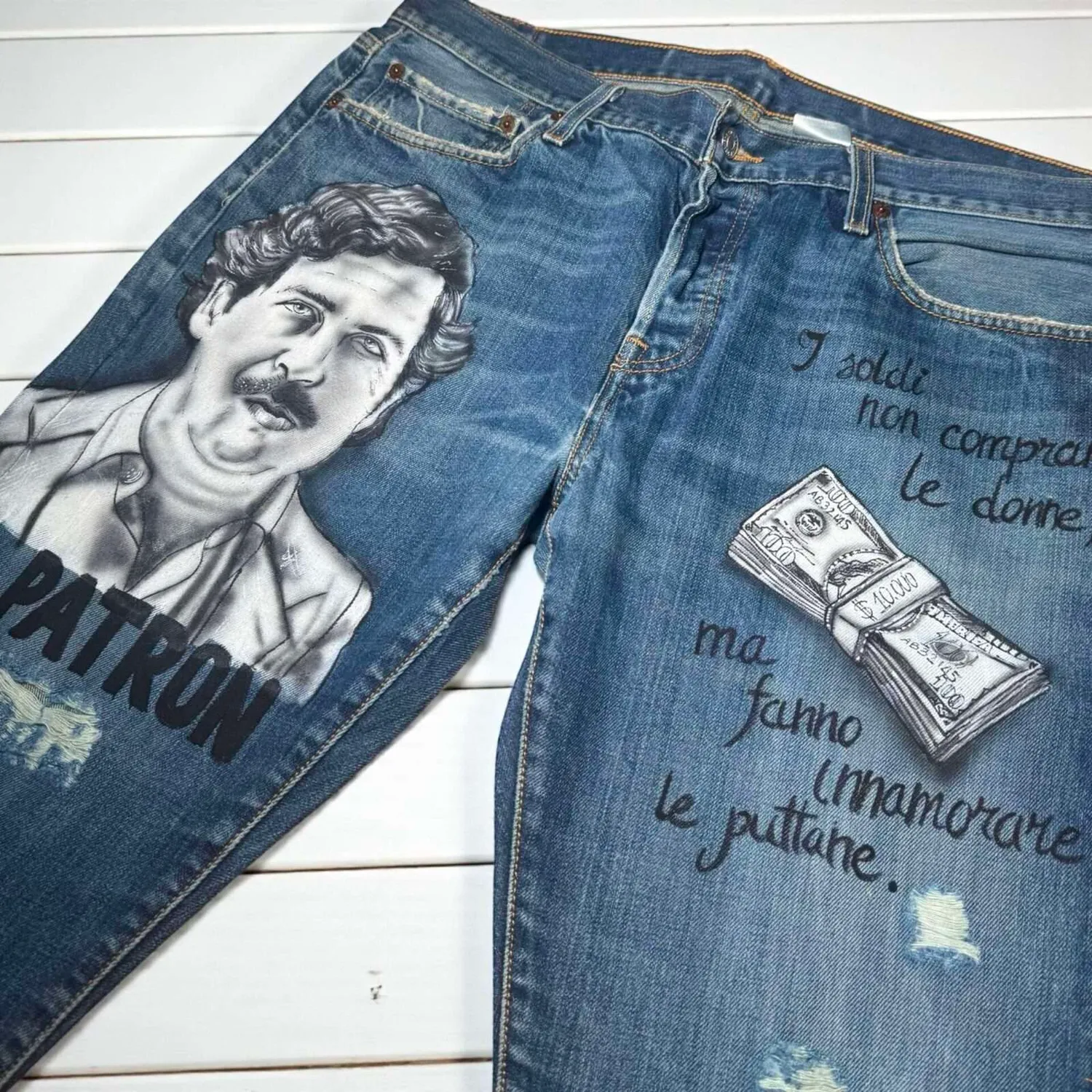 Levi's Vintage Pablo Escobar dollari jeans dipinto scuro