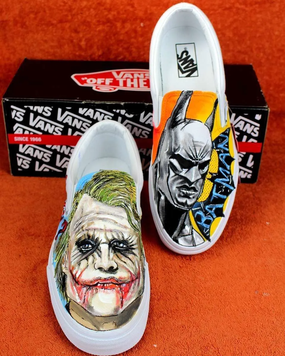 Never Say Never Slip-On Joker Batman vans dipinte a mano viola
