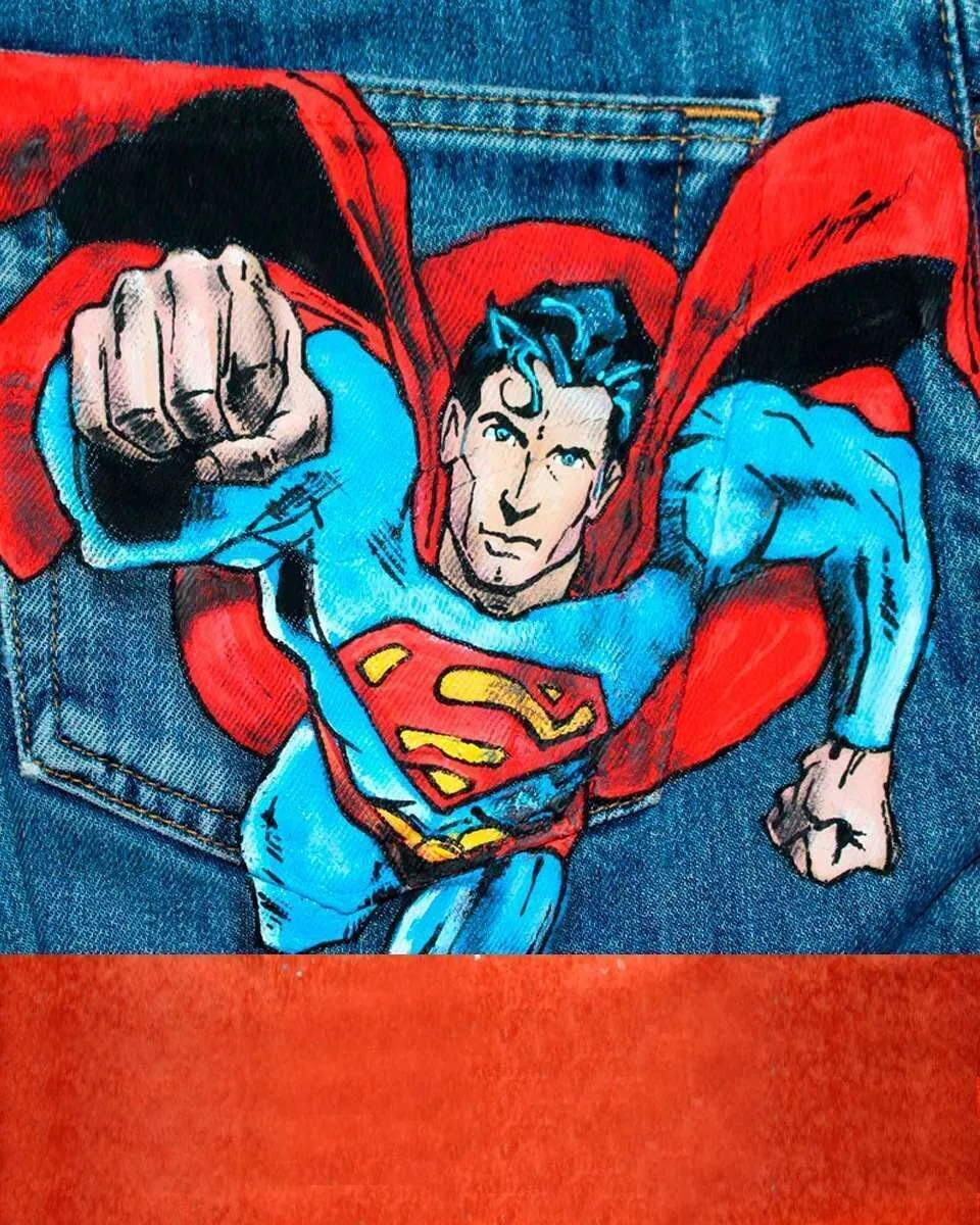 Never Say Never Superman jeans dipinti tessuto fumetto