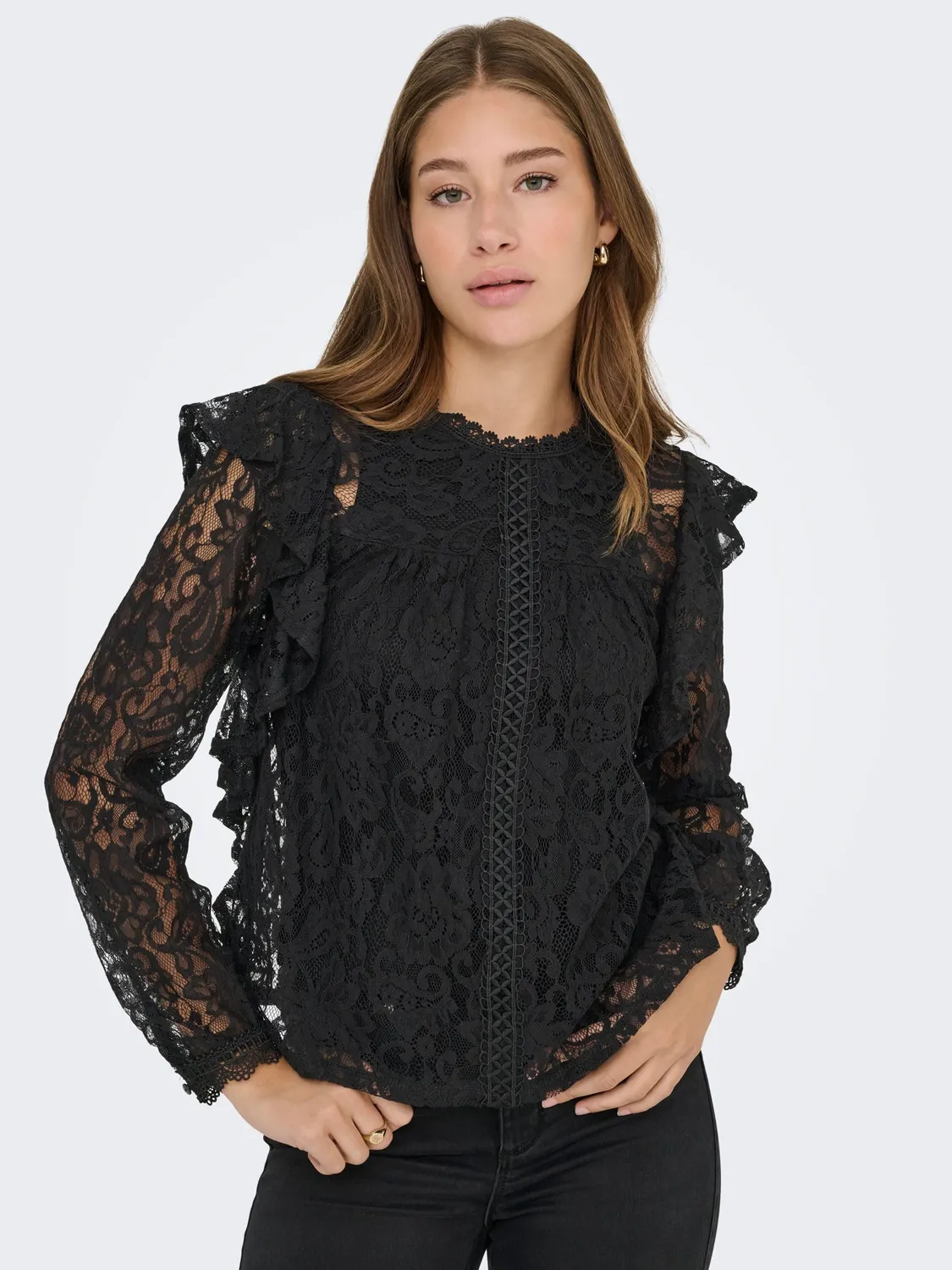 ONLY Onlnew Karo LS Lace Ruffle Top Wvn S Nero
