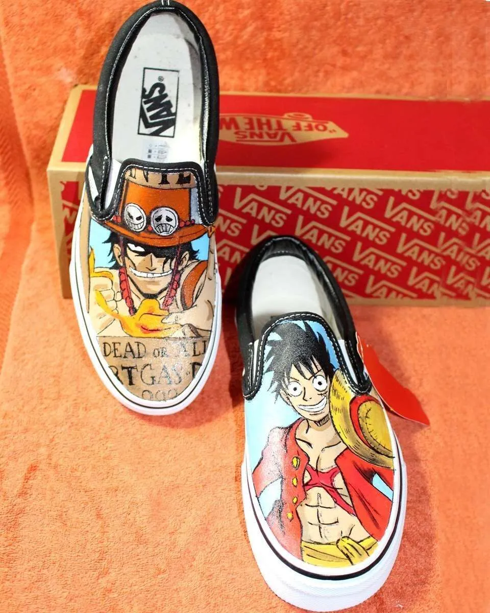 Never Say Never Vans Slip-On Luffy Ace scarpe nere dipinte a mano