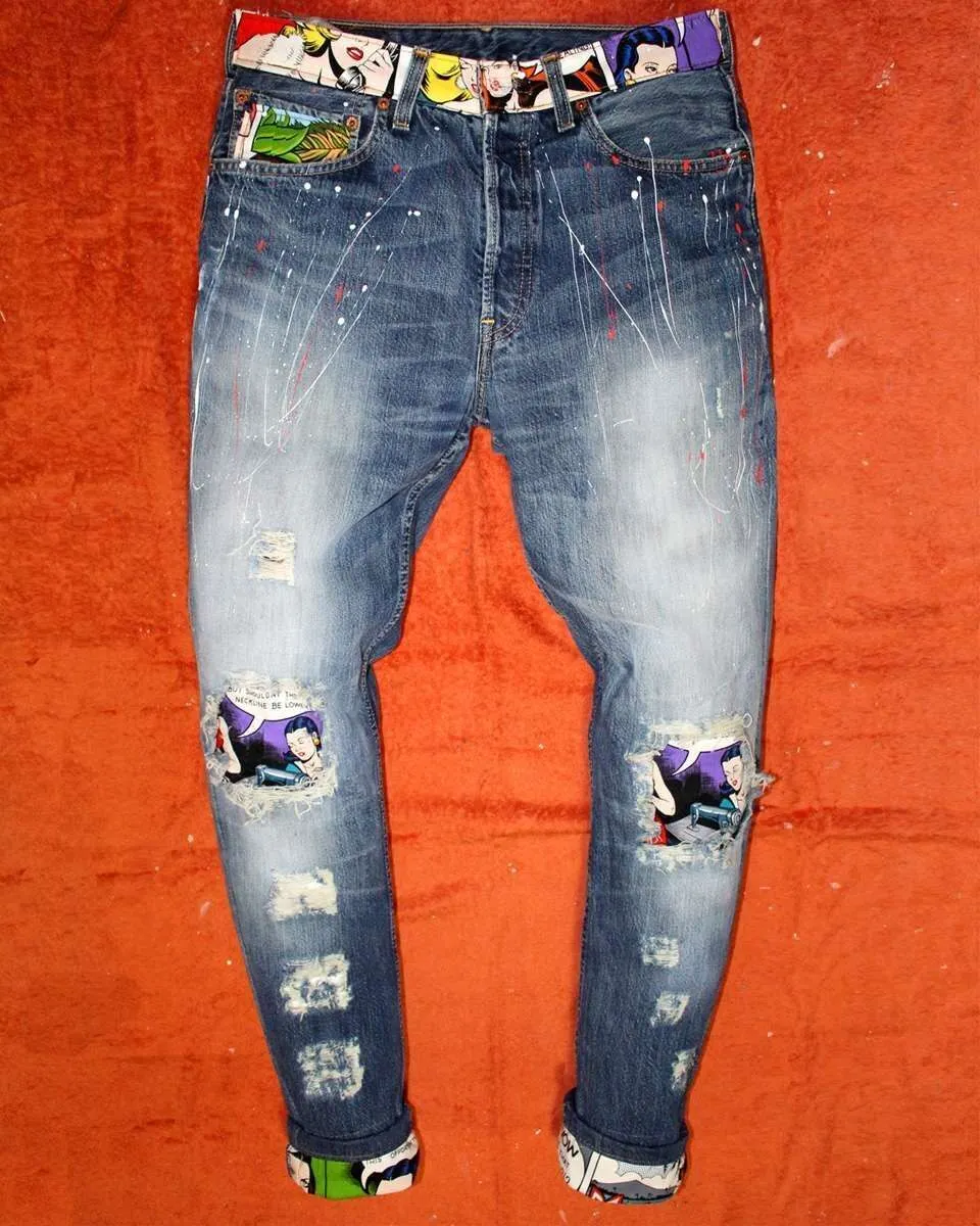 Never Say Never Hulk Fumetto jeans dipinti a mano vintage