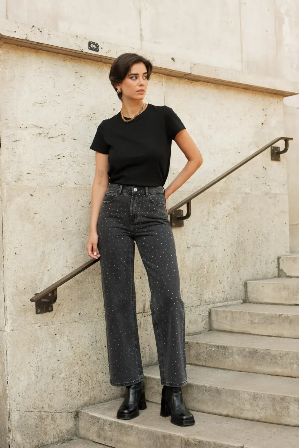 Oraije Rawlin jeans larghi grigi con strass