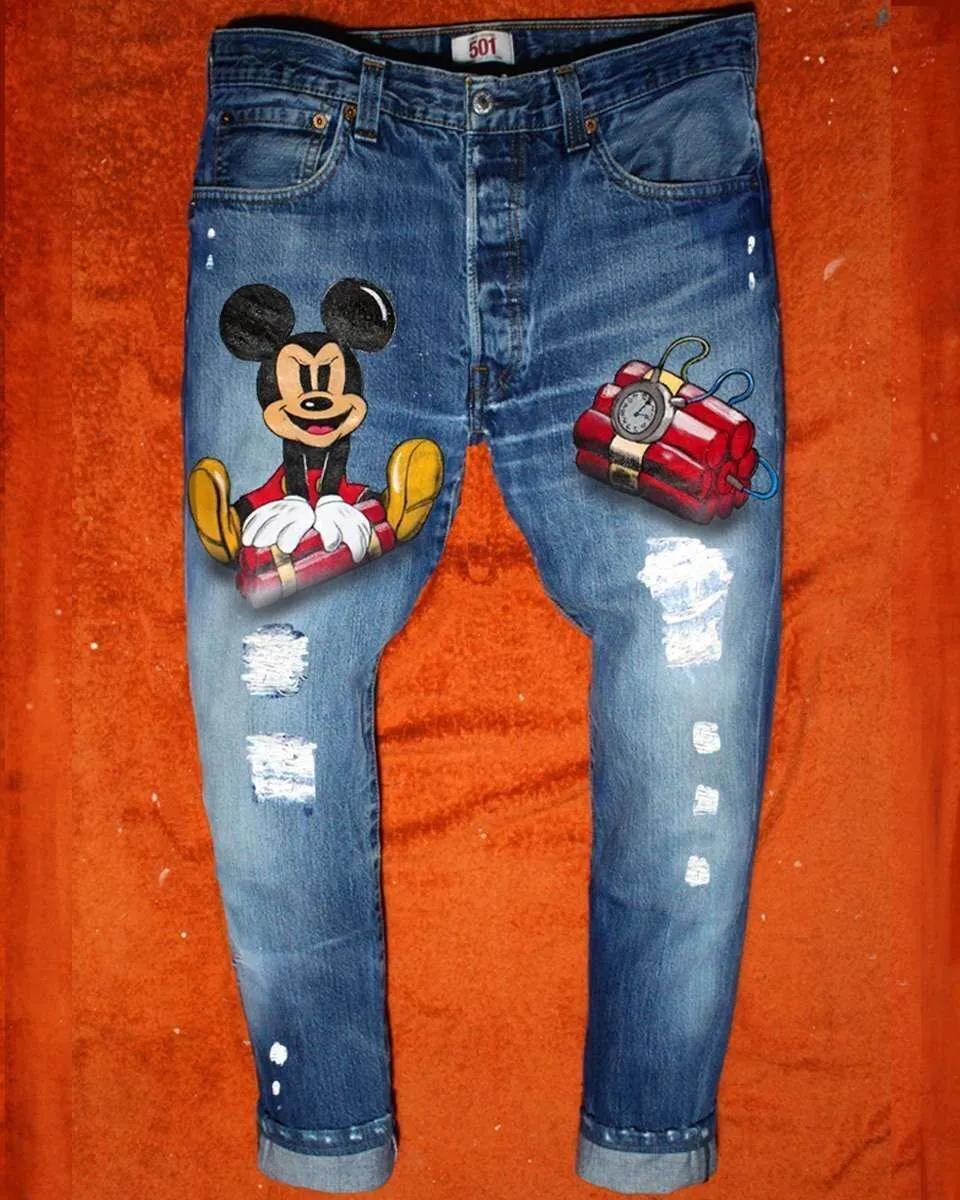 Never Say Never jeans Levi's vintage Topolino Dark dipinti a mano