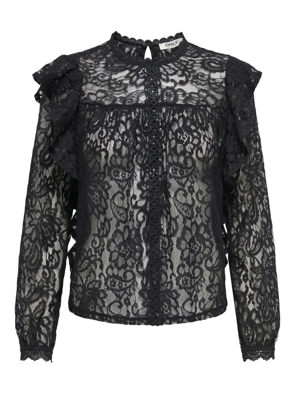 ONLY Onlnew Karo LS Lace Ruffle Top Wvn S Nero
