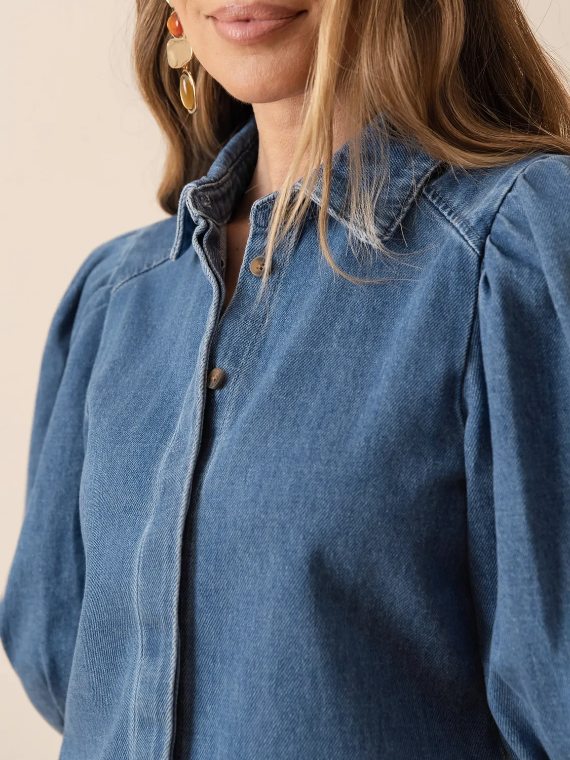 Oraije Cléa camicia denim blu stone maniche bouffantes