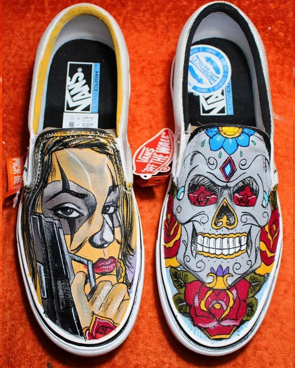 Never Say Never Chicano Teschio Vans Slip-On dipinte donna