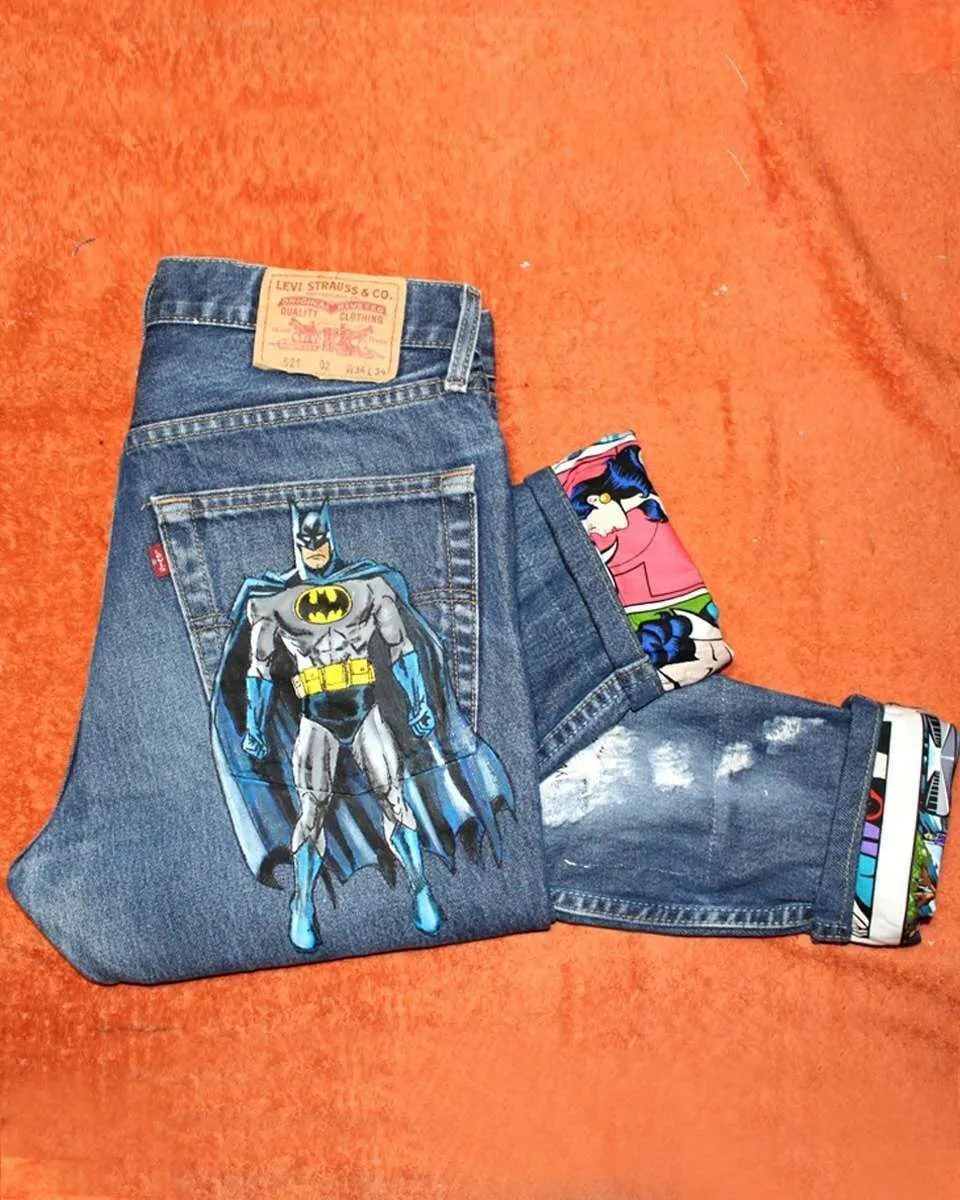 Never Say Never Batman jeans vintage dipinto fumetto