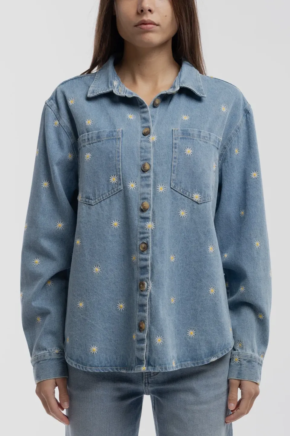 Teddy Smith C-Flower Camicia Jeans Donna Ricamo Floreale Indaco