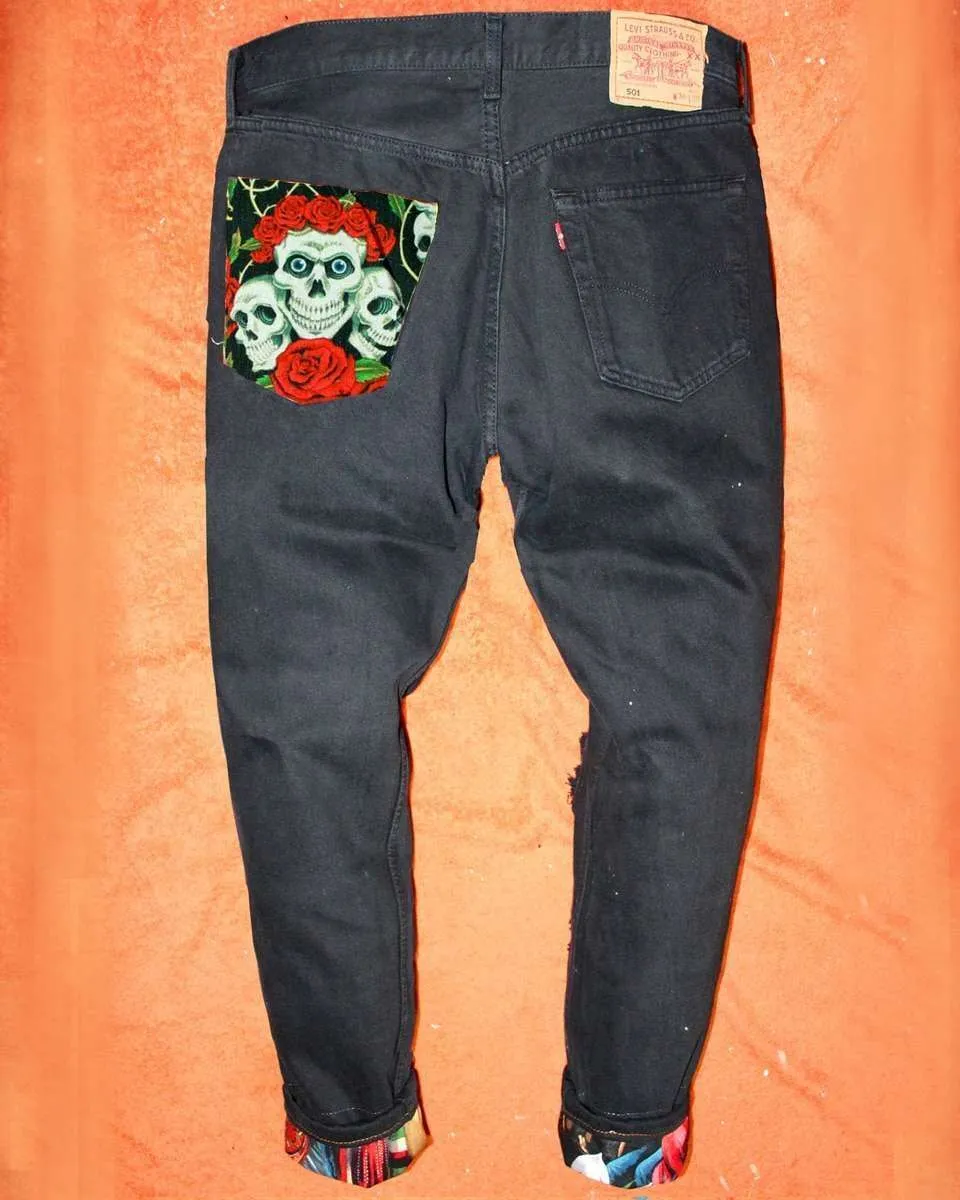 Levi's Vintage jeans black personalizzato teschi rose