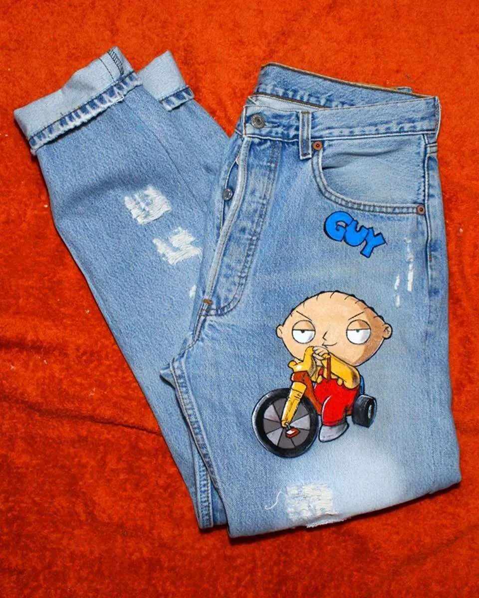 Never Say Never Griffin Family Guy jeans vintage dipinti a mano