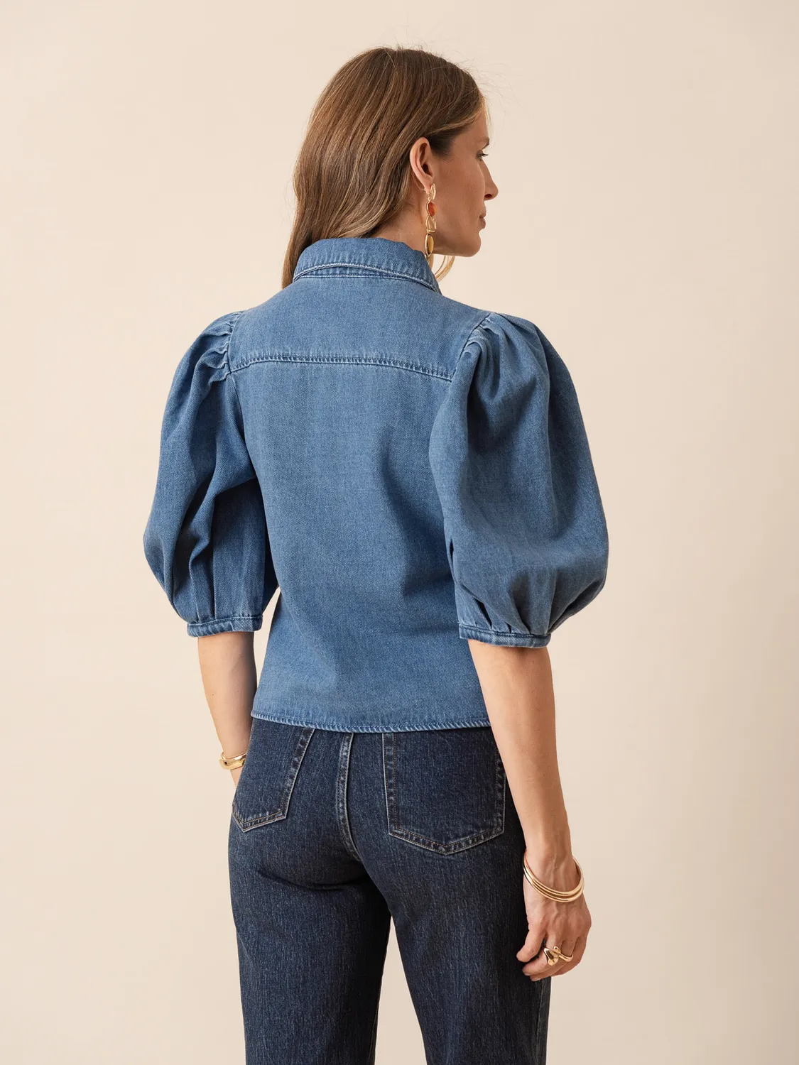 Oraije Cléa camicia denim blu stone maniche bouffantes