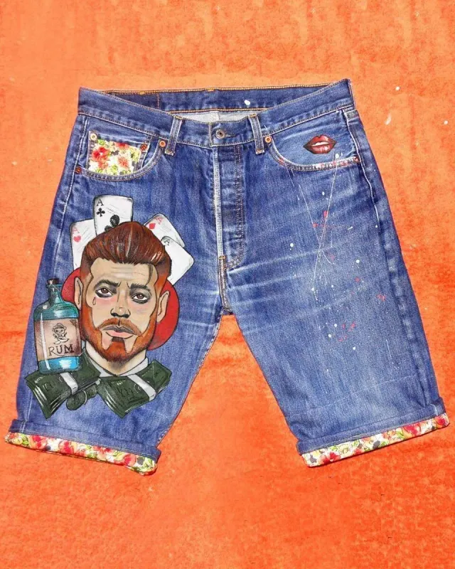 Levi's Bermuda Carte Alcool short jeans dipinto a mano
