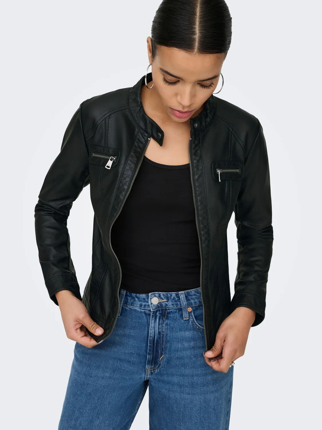 ONLY Mao Giacca Pelle Donna S Nera Collo Coreano
