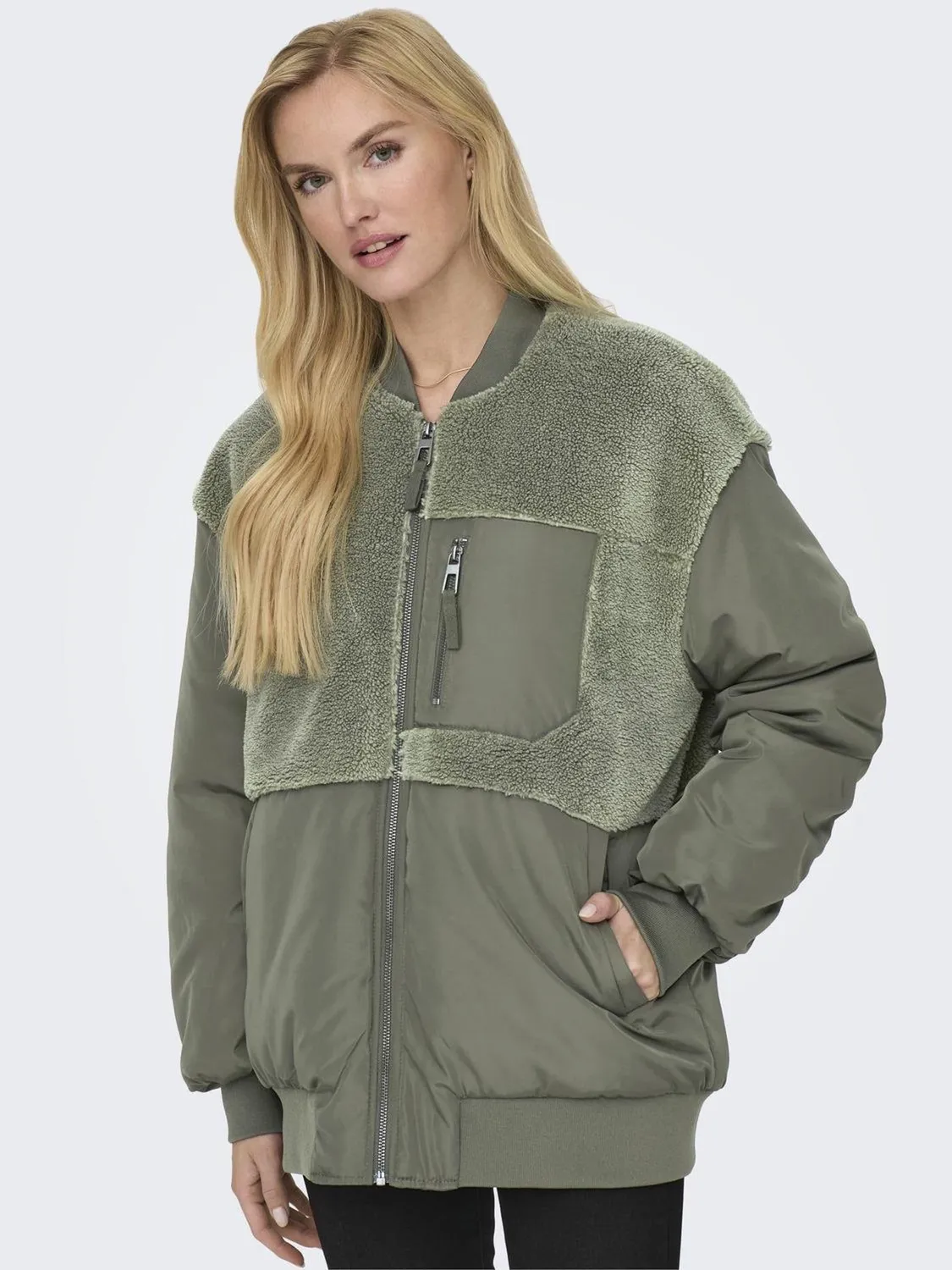 ONLY Onlemmy giacca teddy M verde collo tondo zip