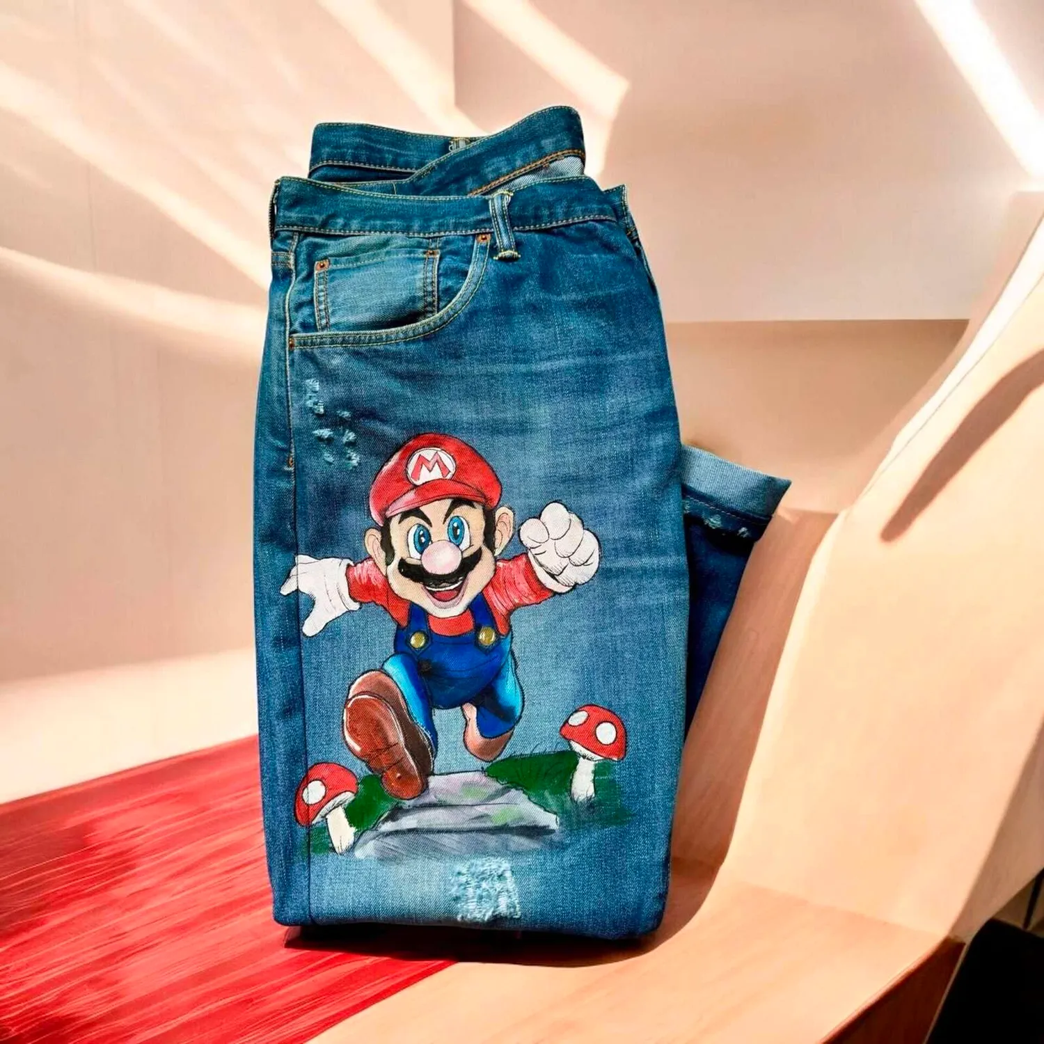 Never Say Never Levi's Vintage Super Mario Bros Jeans Dipinti Mano