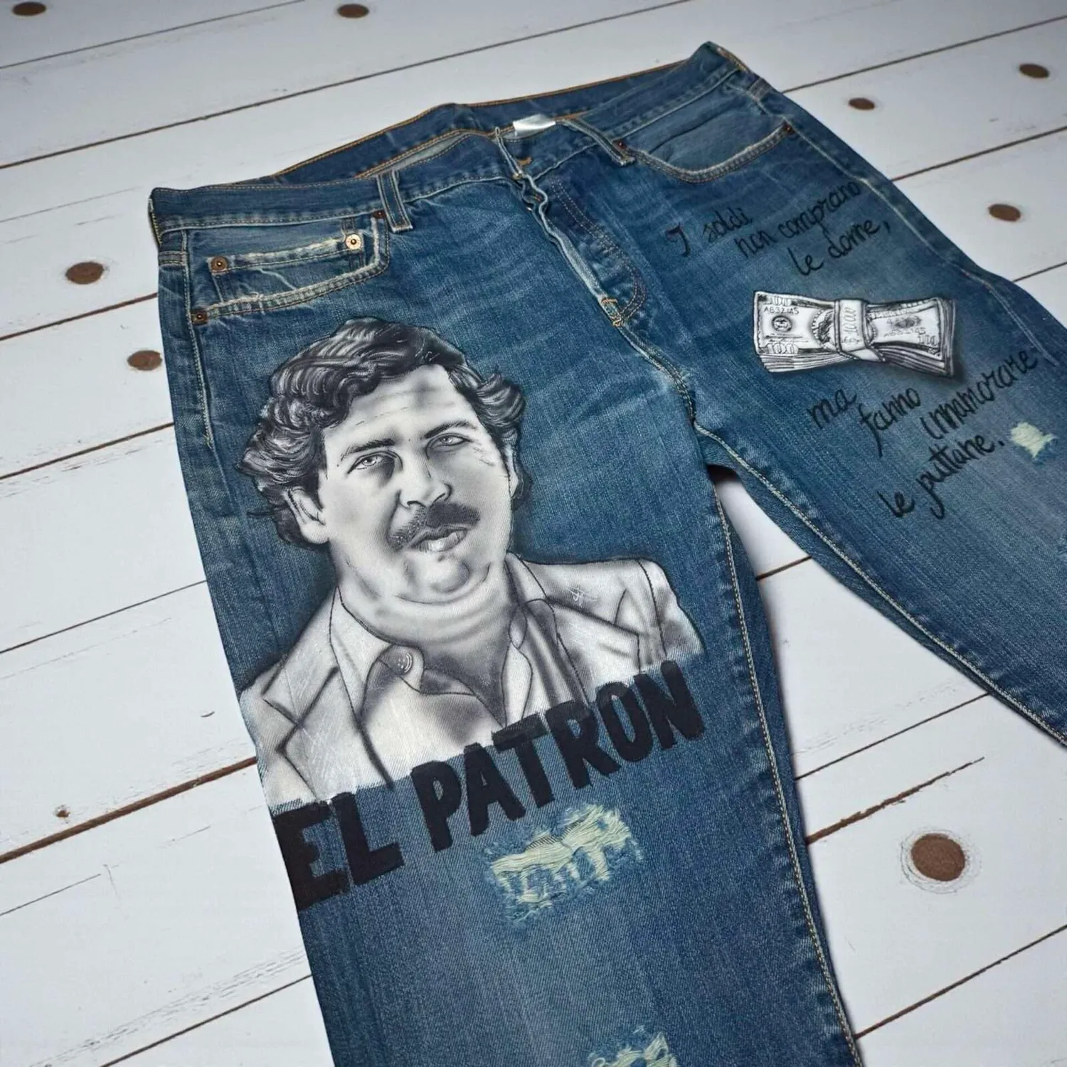Levi's Vintage Pablo Escobar dollari jeans dipinto scuro
